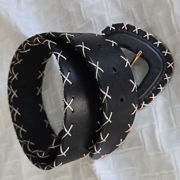 Express Black Genuine Leather Belt with Off White Cross Stitching Size M - Picture 3 of 7
